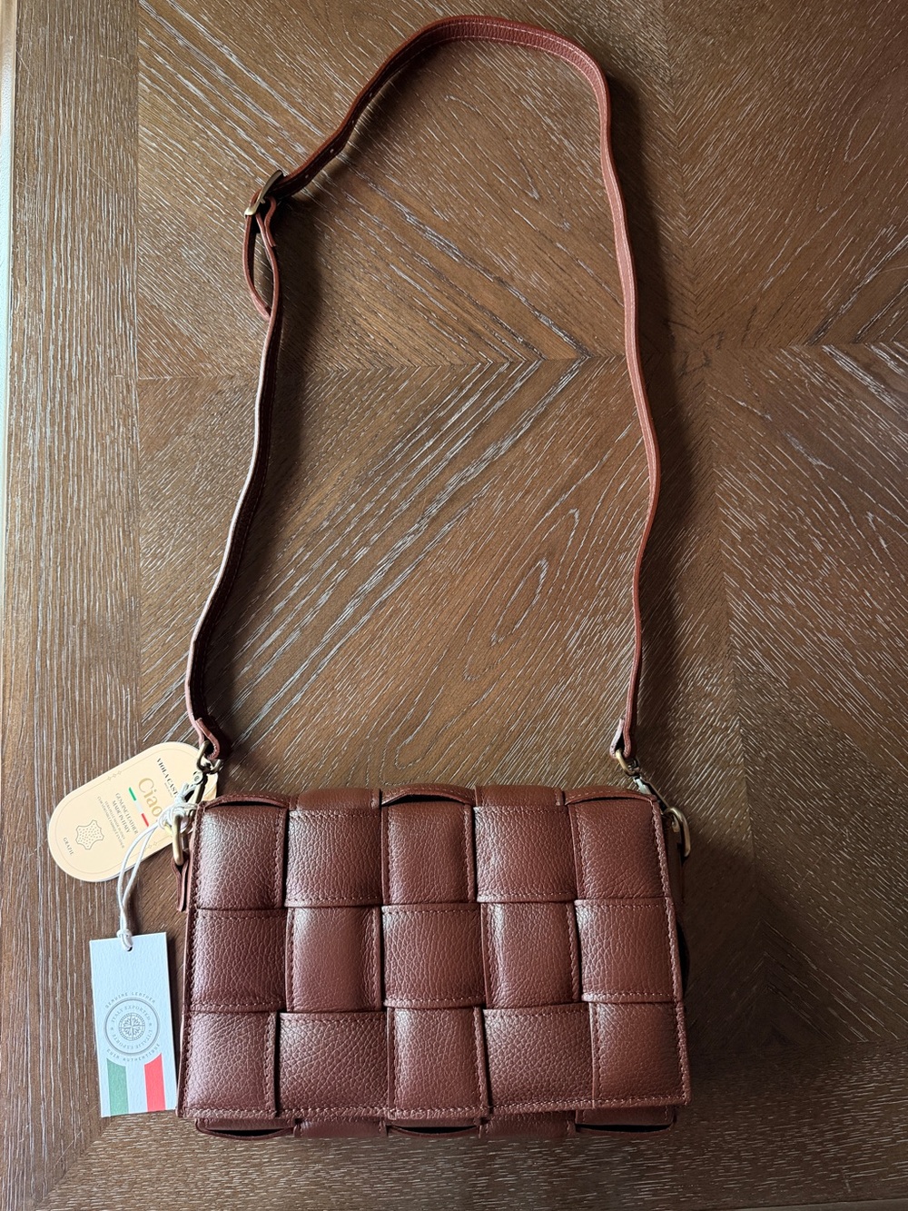 Woven Puffy Crossbody Bag in Mocha Warm Brown Italian Leather